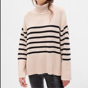 GAP 24/7 Split-Hem Turtleneck Black and Beige Breton Stripe Sweater